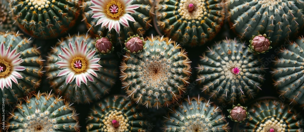 A high angle photograph displaying a circle of Mammillaria bocasana Poselger cacti with flowers and buds atop each globe providing a copy space image A high angle photograph displaying a circle of Mammillaria bocasana Poselger cacti with flowers and buds atop each globe providing a copy space image