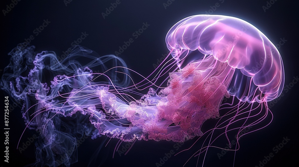 Naklejka premium Close-up of a jellyfish against a dark backdrop, with blue and pink smoke emanating from its base