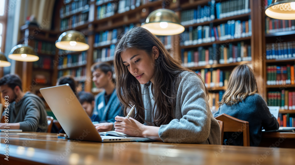Young woman studying with a laptop in a large, well-lit library, surrounded by other focused students, highlighting a collaborative and academic environment Young woman studying with a laptop in a large, well-lit library, surrounded by other focused students, highlighting a collaborative and academic environment