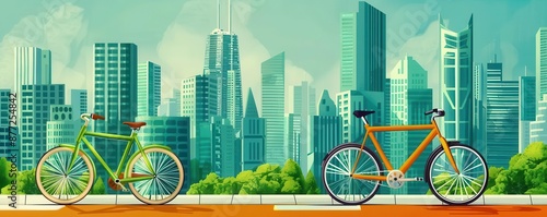Ecofriendly city, green buildings and bicycles, flat design illustration photo