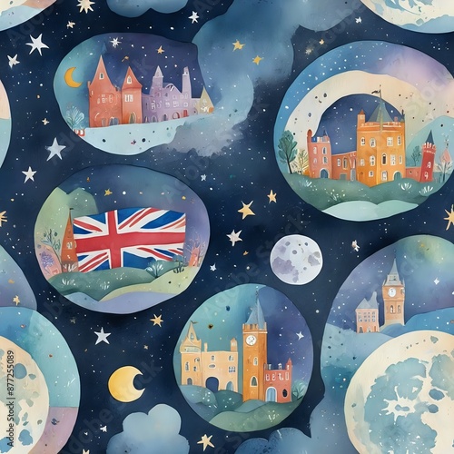 Whimsical Night Sky Print with Seamless Pattern Design Featuring London Landmarks