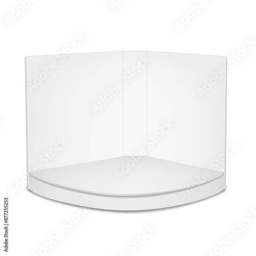 Trade show corner booth. 3d mockup. Tradeshow expo event empty room stand. Realistic vector mock-up. White blank exhibition backdrop space. Template