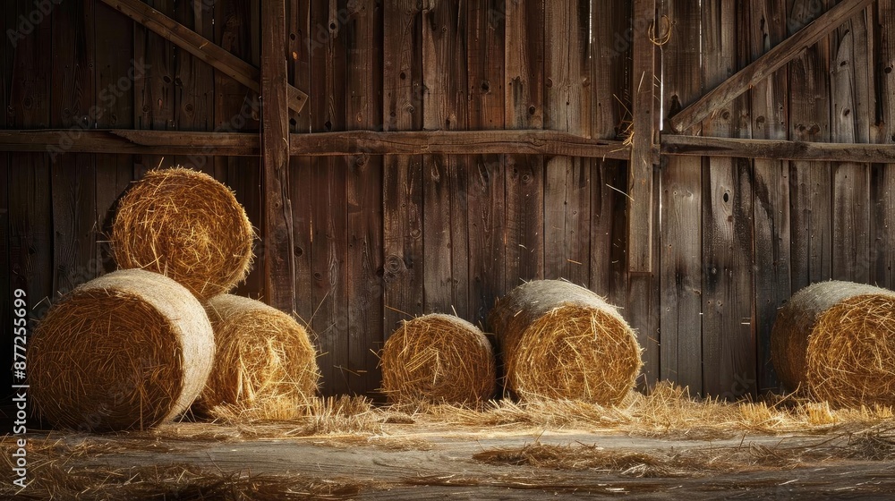 Rustic barn with hay bales, depicting a traditional farming scene with large wooden doors. Rustic barn with hay bales, depicting a traditional farming scene with large wooden doors.