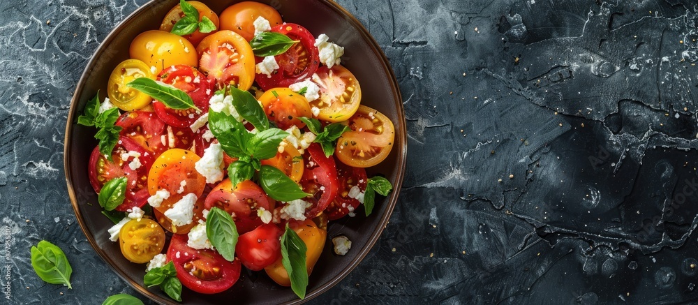Overhead view of a vibrant tomato salad with red and yellow tomatoes feta cheese on a stone surface perfect for vegan or diet food Includes copy space image Overhead view of a vibrant tomato salad with red and yellow tomatoes feta cheese on a stone surface perfect for vegan or diet food Includes copy space image
