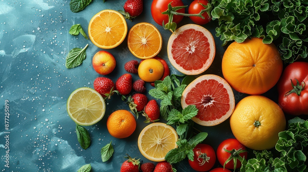 Photograph of fresh vegetables and fruits at a farmers market, close-up on a bright, colorful background, health and wellness, high angle Photograph of fresh vegetables and fruits at a farmers market, close-up on a bright, colorful background, health and wellness, high angle