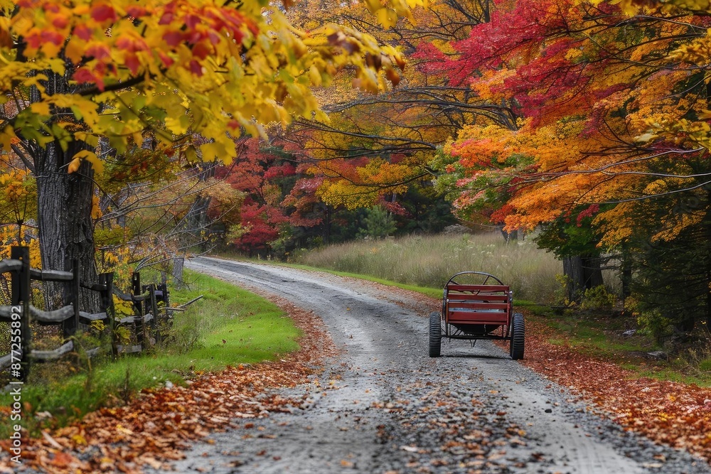 Naklejka premium Scenic rural road with vibrant autumn foliage, a rustic cart, and a wooden fence, capturing the serene beauty of fall countryside.