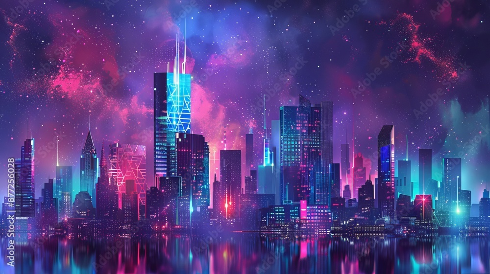 Abstract Digital High Tech Cityscape with Neon Lights, Modern Futuristic Urban Architecture and Technology Concept - Vector Illustration Banner Background Abstract Digital High Tech Cityscape with Neon Lights, Modern Futuristic Urban Architecture and Technology Concept - Vector Illustration Banner Background
