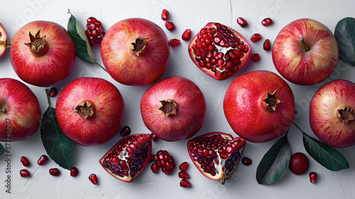 Group Fresh pomegranate fruit whole pomegranate seeds. Pomegranates and red apples Rosh Hashanah