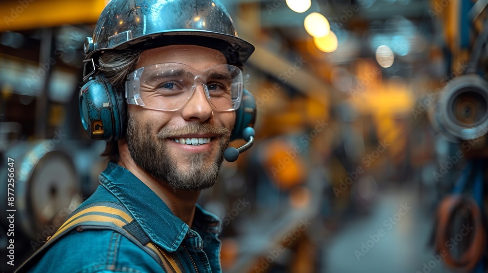 Industrial worker with protective gear smiling in a factory. The man wears a helmet, safety glasses, and headset. Perfect image for articles about manufacturing or industrial safety. AI Industrial worker with protective gear smiling in a factory. The man wears a helmet, safety glasses, and headset. Perfect image for articles about manufacturing or industrial safety. AI