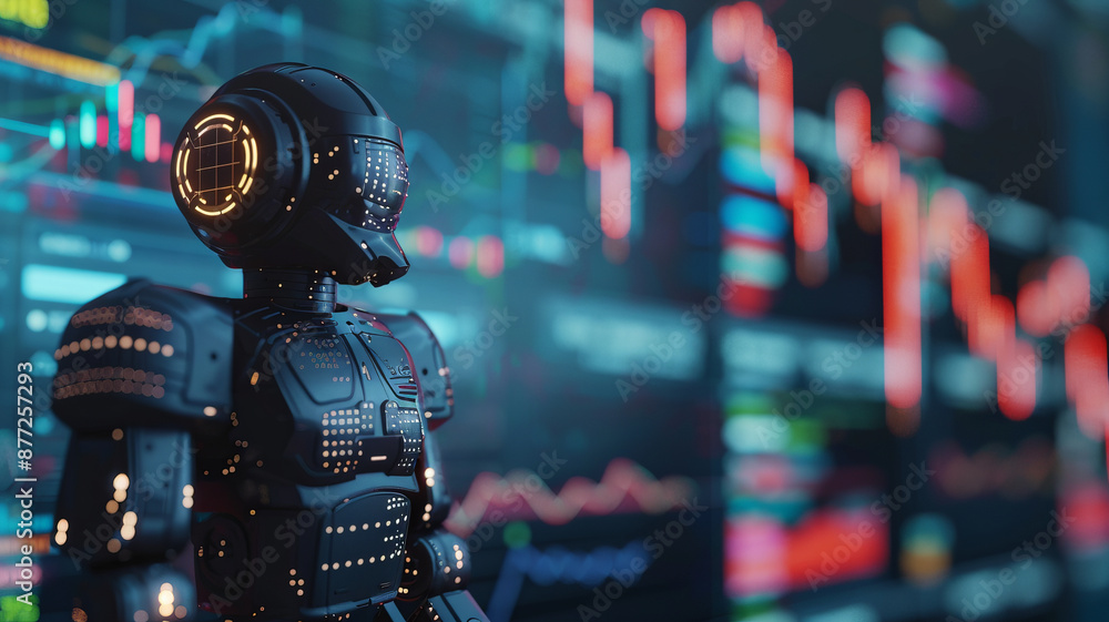 trading robot standing and analyzing the crypto trading graph, symbolizing the graph growth up and artificial intelligence for stock market analysisgenerative ai trading robot standing and analyzing the crypto trading graph, symbolizing the graph growth up and artificial intelligence for stock market analysisgenerative ai