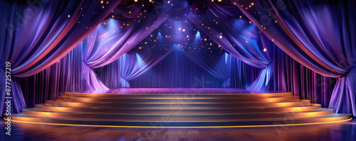 Banner, silk curtain purple and golden color, empty stage, award background, copy space.