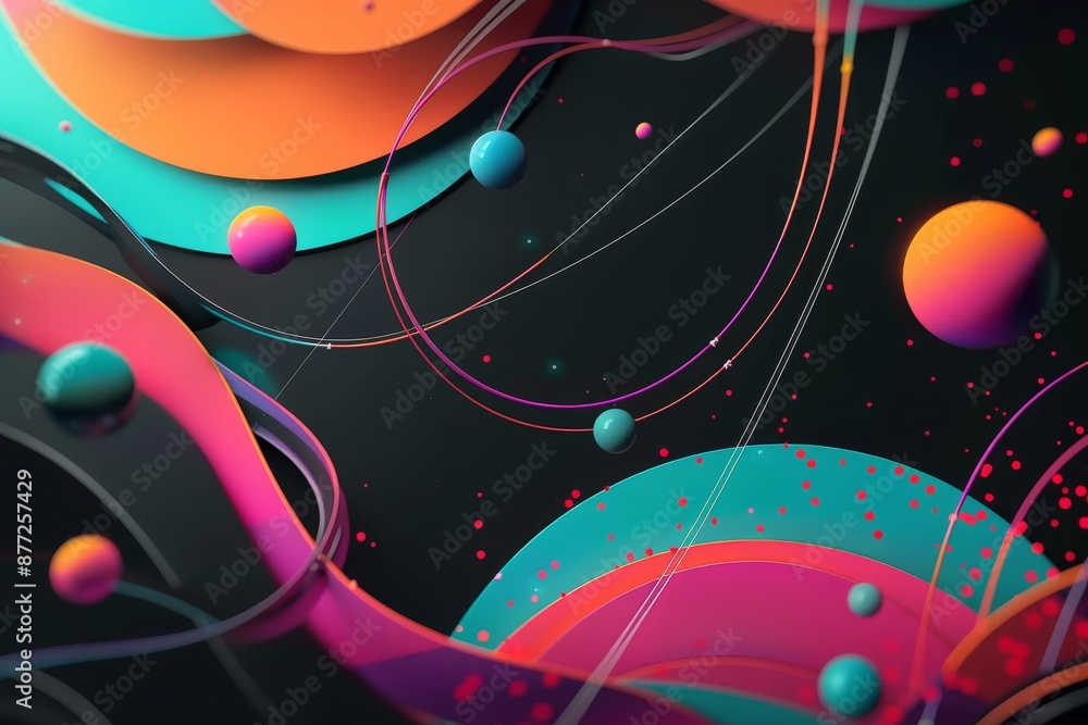 Abstract 3D Rendering with Colorful Spheres and Fluid Waves on Dark Background Abstract 3D Rendering with Colorful Spheres and Fluid Waves on Dark Background