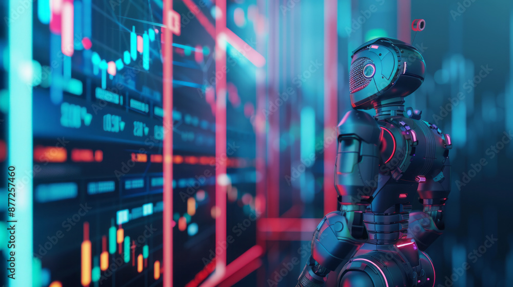 trading robot standing and analyzing the crypto trading graph, symbolizing the graph growth up and artificial intelligence for stock market analysisgenerative ai trading robot standing and analyzing the crypto trading graph, symbolizing the graph growth up and artificial intelligence for stock market analysisgenerative ai