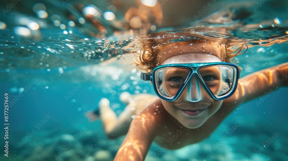 Fototapeta premium Joyful Young Diver Exploring Underwater Wonders
