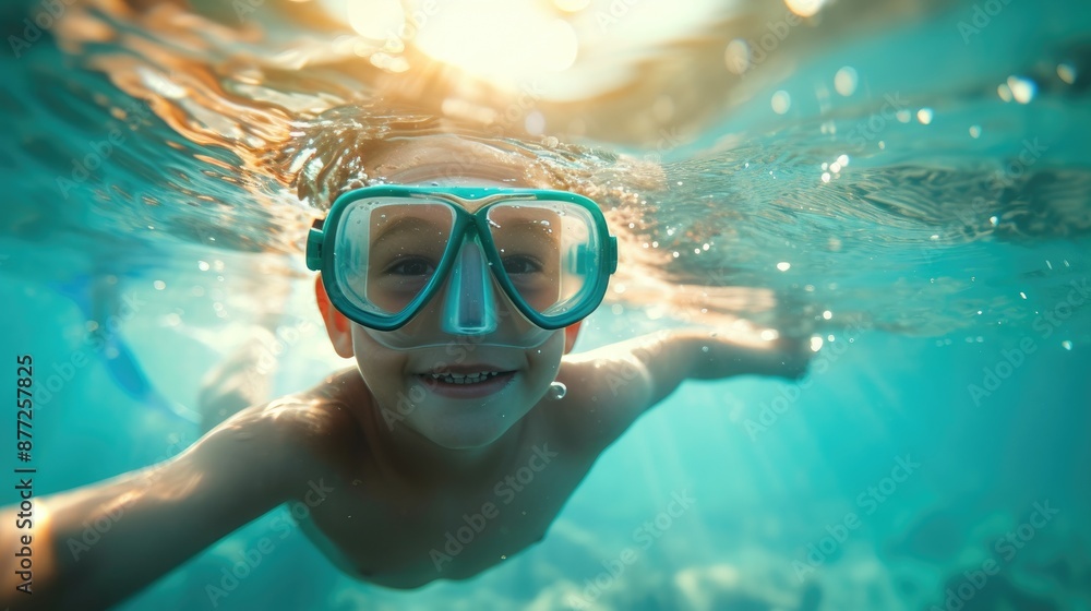 Naklejka premium Joyful Child Discovering Underwater Wonders