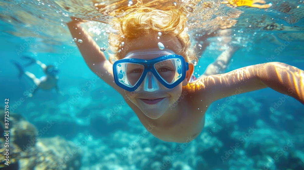 Fototapeta premium Smiling Boy Snorkeling, Discovering Ocean Treasures