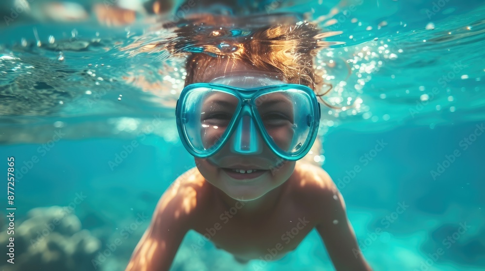 Naklejka premium Child Adventurer Diving with Mask in Clear Sea