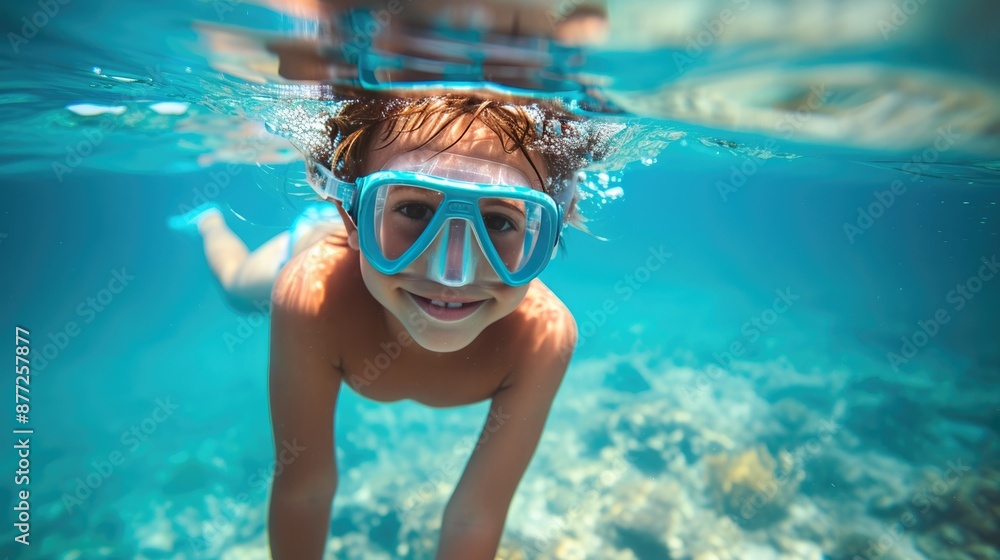 Naklejka premium Child Diving with Mask, Discovering Sea Creatures