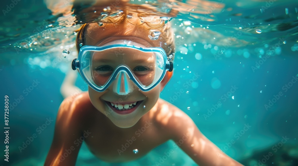 Naklejka premium Bubbling with Joy: Child Snorkeling Portrait