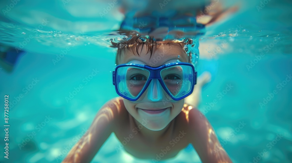 Fototapeta premium Underwater Discovery: Smiling Child with Diving Gear