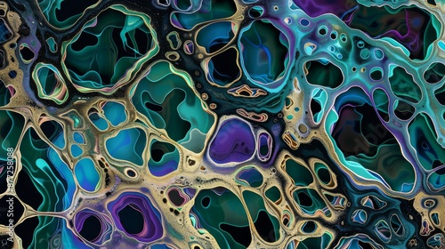 An abstract composition featuring intricate fractallike patterns with a vibrant iridescent color palette The image showcases a chaotic yet harmonious blend of colors including shades of blue green pur