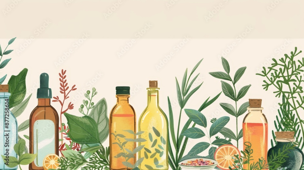 Botanical Essential Oils Collection with Herbal Background Botanical Essential Oils Collection with Herbal Background