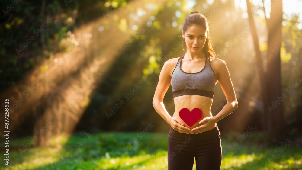A woman in a sports bra holding up her stomach with a red heart, AI A woman in a sports bra holding up her stomach with a red heart, AI