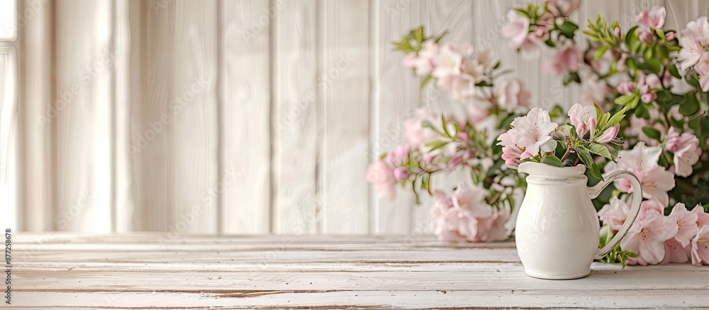 Fototapeta premium White wooden table with a dainty jug of cream beside rose rhododendron flowers in a high key setting creating a backdrop with ample copy space image