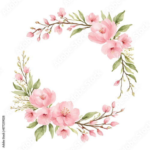 Watercolor floral wreath with pink cherry blossoms and green leaves on a white background. Perfect for spring, weddings, or feminine designs.