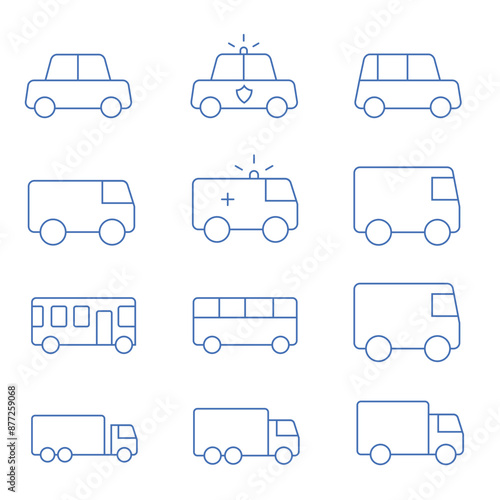 Blue icon set of different types of vehicles