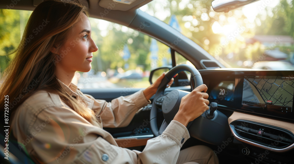 Young Woman Driving Modern Car