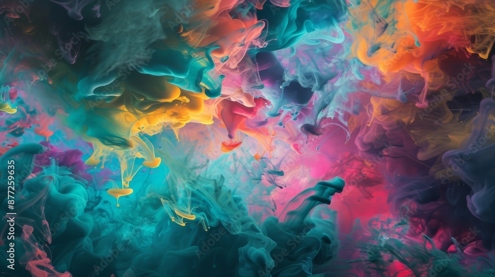 Fototapeta premium A vibrant and mesmerizing interplay of colors and shapes It appears as if ink or paint is being dropped into a liquid creating a swirling effect The colors range from deep blues and teals to bright pi