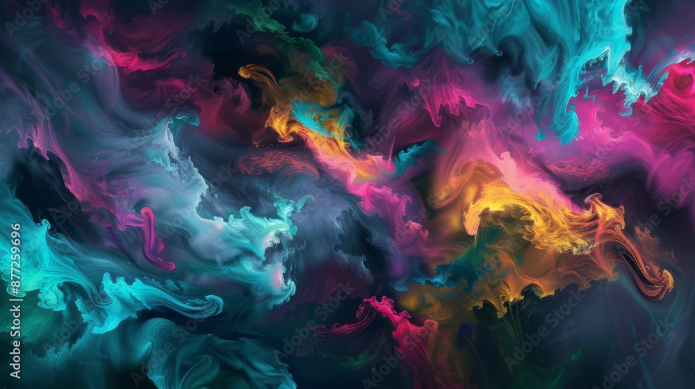 Obraz premium A vibrant and mesmerizing interplay of colors and shapes It appears as if ink or paint is being dropped into a liquid creating a swirling effect The colors range from deep blues and teals to bright pi