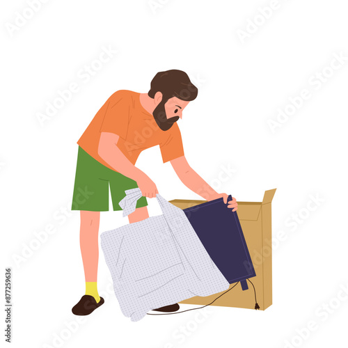 Young man isolated cartoon character packing or unpacking television using bubble wrapping film