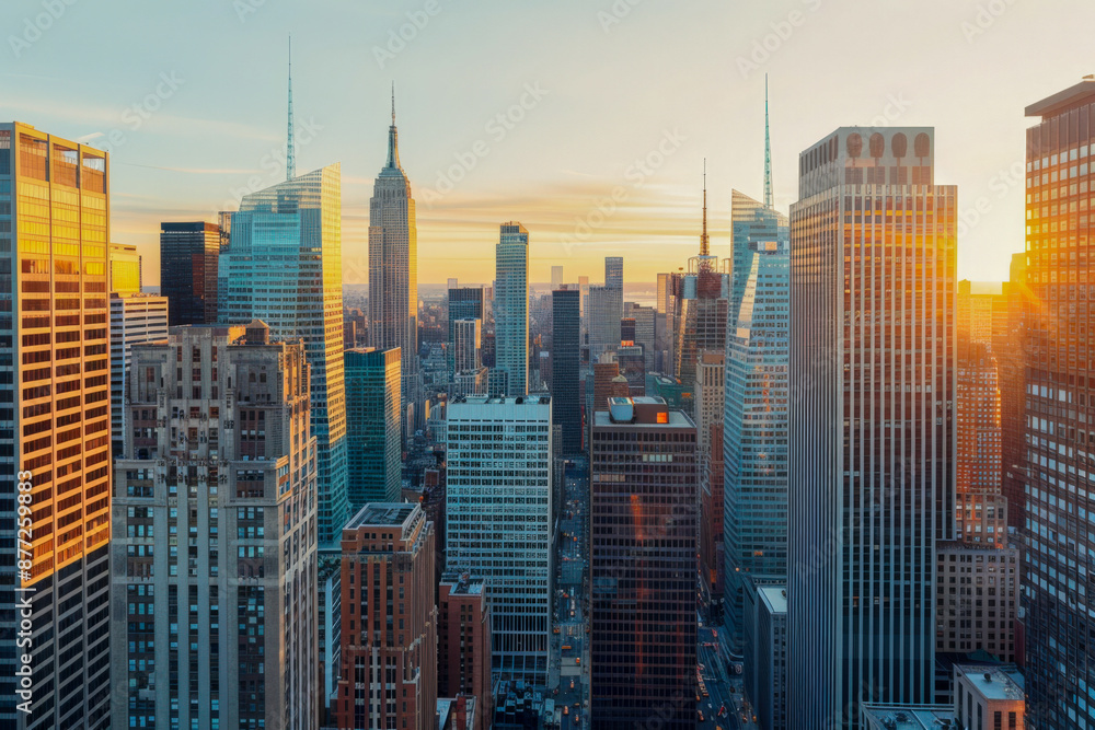 Cityscape with skyscrapers at sunrise, featuring golden light and urban architecture. Cityscape with skyscrapers at sunrise, featuring golden light and urban architecture.