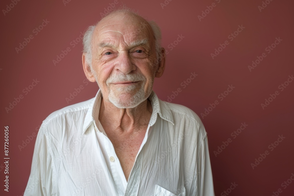 Portrait of a satisfied caucasian man in his 80s wearing a classic white shirt isolated on solid color backdrop Portrait of a satisfied caucasian man in his 80s wearing a classic white shirt isolated on solid color backdrop