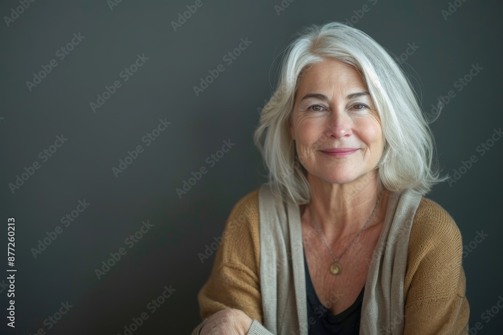 Portrait of a smiling woman in her 70s wearing a chic cardigan on solid color backdrop Portrait of a smiling woman in her 70s wearing a chic cardigan on solid color backdrop