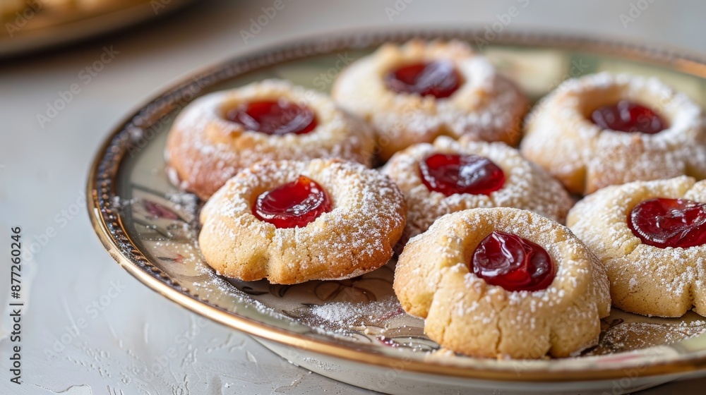 Scrumptious Homemade Jam Thumbprint Cookies on Elegant Plate Scrumptious Homemade Jam Thumbprint Cookies on Elegant Plate