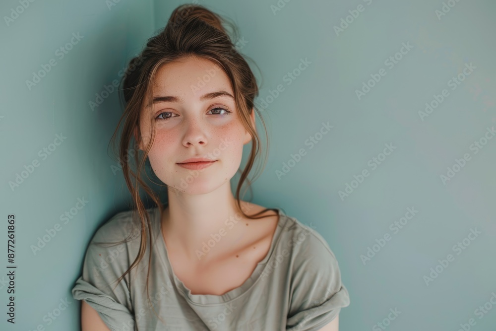 Portrait of a glad woman in her 20s wearing a simple cotton shirt on solid color backdrop Portrait of a glad woman in her 20s wearing a simple cotton shirt on solid color backdrop