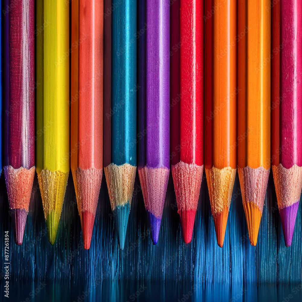 Colorful Pencils Lined Up On Blue Wooden Surface Colorful Pencils Lined Up On Blue Wooden Surface