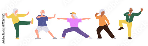 Diverse healthy active elderly people practicing tai chi morning chinese exercise isolated set