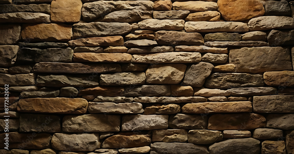 Fototapeta premium Rustic stone wall with warm lighting. Perfect for backgrounds, textures, or historical-themed projects.