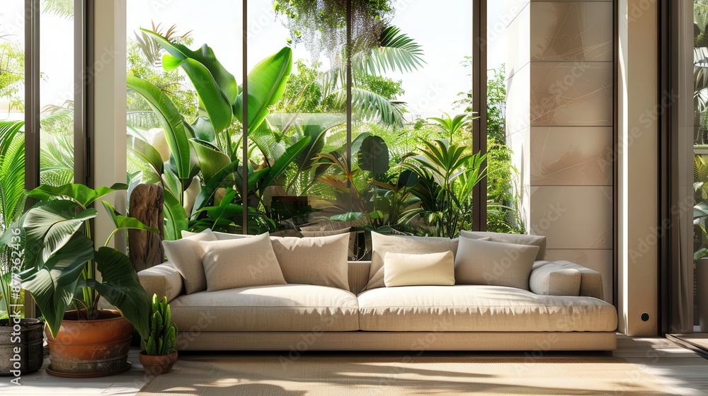 lush terrace oasis abundant potted plants creating urban jungle feel comfortable beige sofa focal point large windows offering picturesque garden view blending indoor comfort with outdoor serenity lush terrace oasis abundant potted plants creating urban jungle feel comfortable beige sofa focal point large windows offering picturesque garden view blending indoor comfort with outdoor serenity