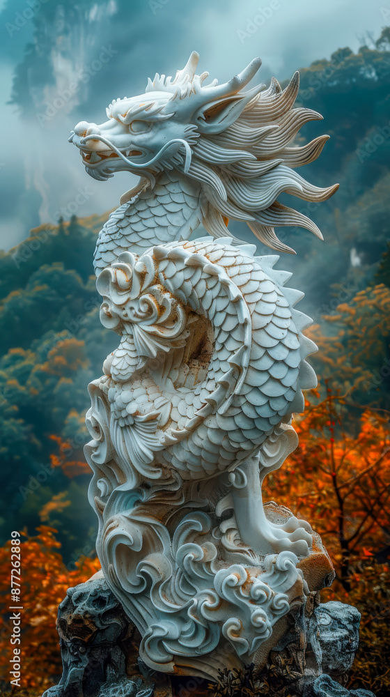 Fototapeta premium Mystical Dragon Statue in Misty Mountain Landscape