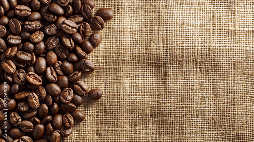 Coffee beans arranged on a canvas bag, with free space to place text. This simplicity and naturalness invites you to discover the aromatic sensations and pleasures associated with coffee. Coffee beans arranged on a canvas bag, with free space to place text. This simplicity and naturalness invites you to discover the aromatic sensations and pleasures associated with coffee.