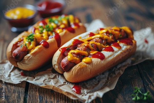 Wallpaper Mural HotDog. Hot dog with ketchup, mustard and mayonnaise isolated on background with copy space. Grilled hot dog with mustard and ketchup on background with copy space. Torontodigital.ca