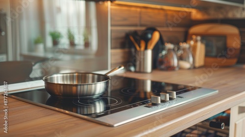 A shiny silver pan sits on a stove top