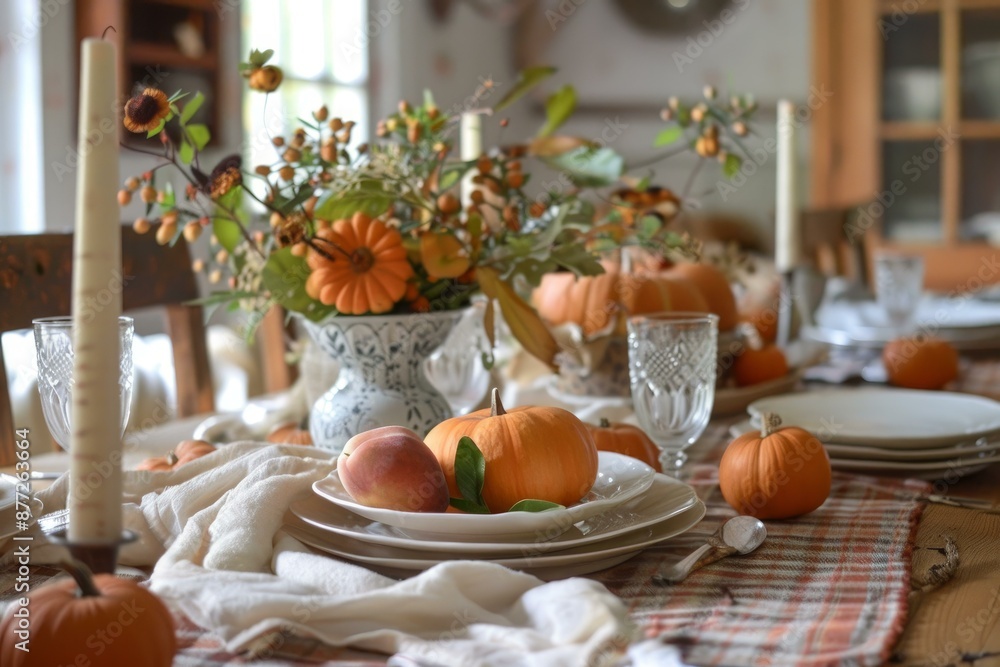 Cozy fallthemed table setting with pumpkins and seasonal flowers arranged for a festive dinner Cozy fallthemed table setting with pumpkins and seasonal flowers arranged for a festive dinner