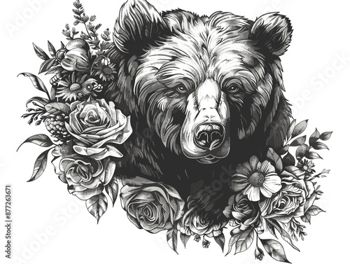 A bear with flowers surrounding it. The bear is black and white. The flowers are red and yellow