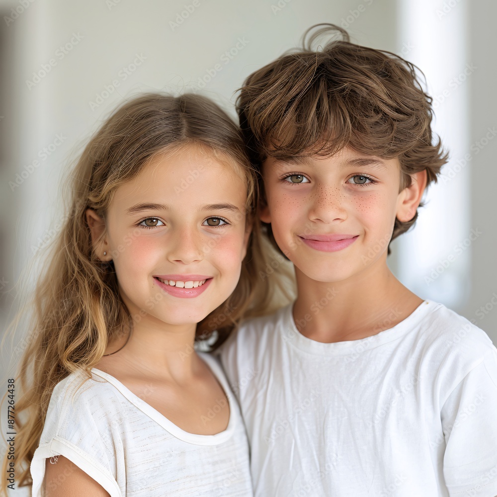 Two Smiling Kids Posing Together Indoors in Casual White T-Shirts Two Smiling Kids Posing Together Indoors in Casual White T-Shirts